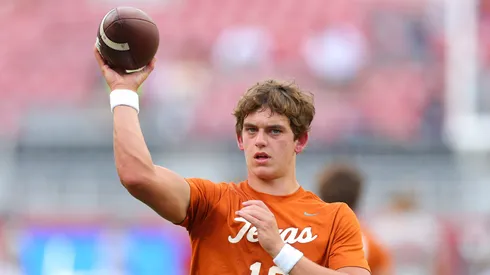 Arch Manning #16 of the Texas Longhorns warms-up prior to a game against the Alabama Crimson Tide at Bryant-Denny Stadium on September 09, 2023 in Tuscaloosa, Alabama.