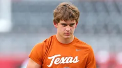 Arch Manning #16 of the Texas Longhorns warms-up prior to a game against the Alabama Crimson Tide at Bryant-Denny Stadium on September 09, 2023 in Tuscaloosa, Alabama.
