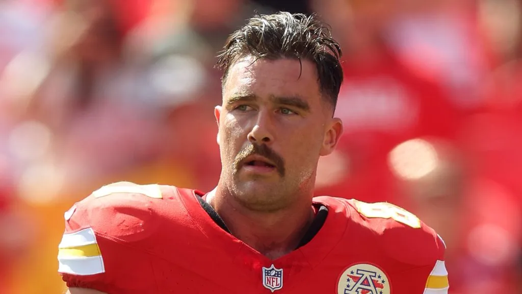 Travis Kelce #87 of the Kansas City Chiefs warms up prior to the game against the Cincinnati Bengals at GEHA Field at Arrowhead Stadium on September 15, 2024 in Kansas City, Missouri.