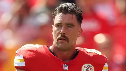 Travis Kelce #87 of the Kansas City Chiefs warms up prior to the game against the Cincinnati Bengals at GEHA Field at Arrowhead Stadium on September 15, 2024 in Kansas City, Missouri.