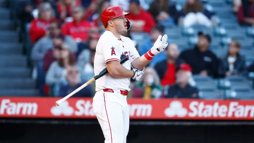 Mike Trout #27 of the Los Angeles Angels at Angel Stadium of Anaheim on April 23, 2024 in Anaheim, California. (Photo by Ronald Martinez/Getty Images)