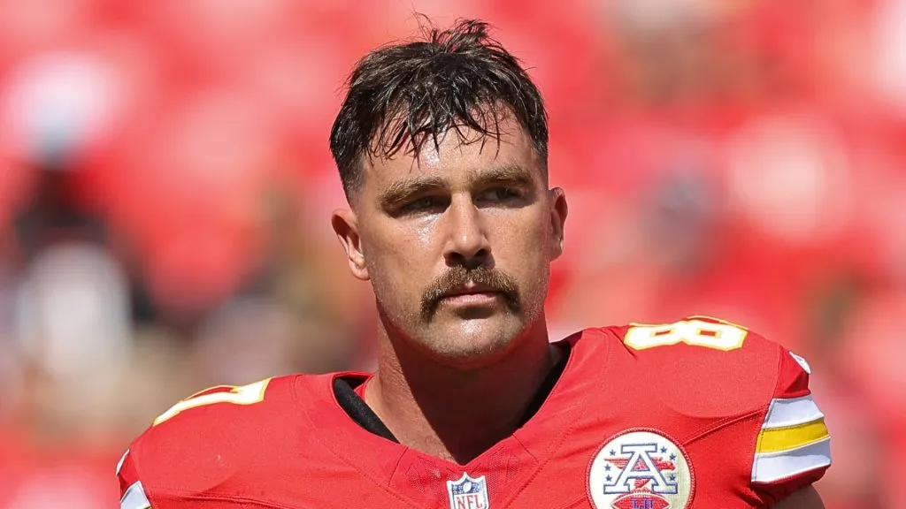 Travis Kelce #87 of the Kansas City Chiefs on the field prior to a game against the Cincinnati Bengals at GEHA Field at Arrowhead Stadium on September 15, 2024 in Kansas City, Missouri.