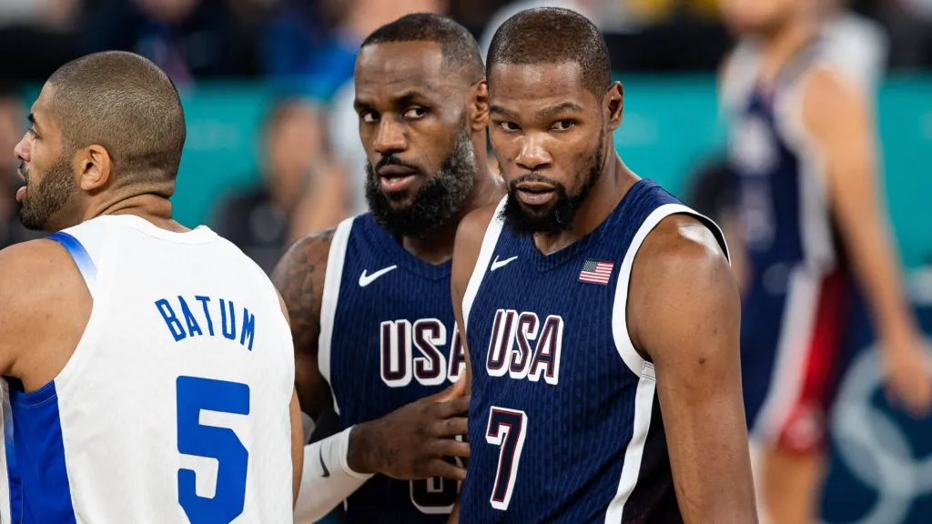 Kevin Durant and LeBron James, Olympic Games Paris 2024, France FRA vs United States USA. IMAGO /&nbsp;Eibner.
