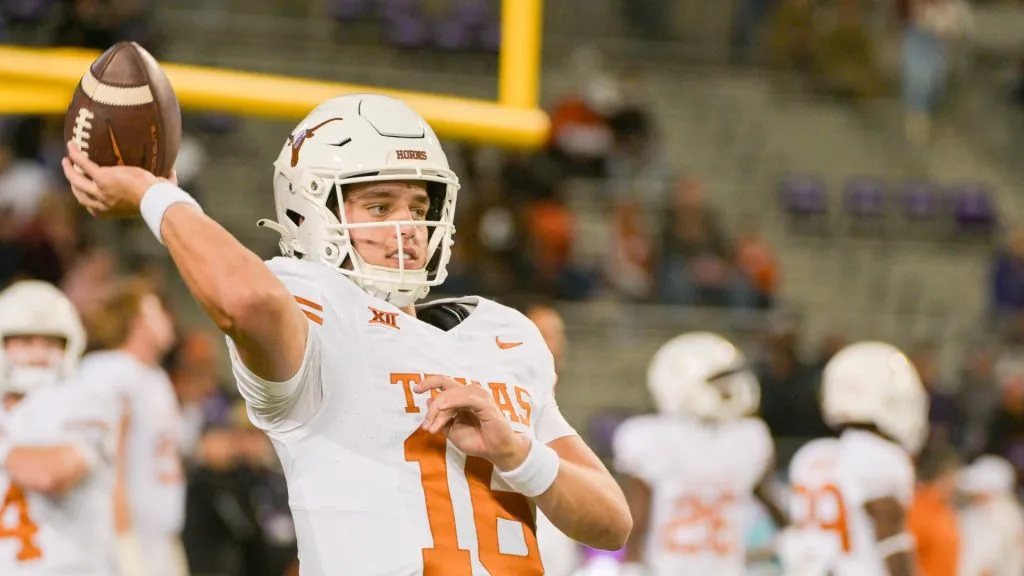 Texas Longhorns quarterback Arch Manning (16) warms up before the NCAA, College League, USA Football game between the Texas Longhorns and TCU Horned Frogs at Amon G. Carter Stadium in Fort Worth, Texas.