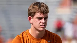 Arch Manning 16 of the Texas Longhorns during pregame warmups before the game vs the UTSA Roadrunners at DKR-Memorial Stadium.