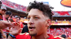 Patrick Mahomes #15 of the Kansas City Chiefs celebrates with fans after defeating the Cincinnati Bengals at GEHA Field at Arrowhead Stadium on September 15, 2024 in Kansas City, Missouri.