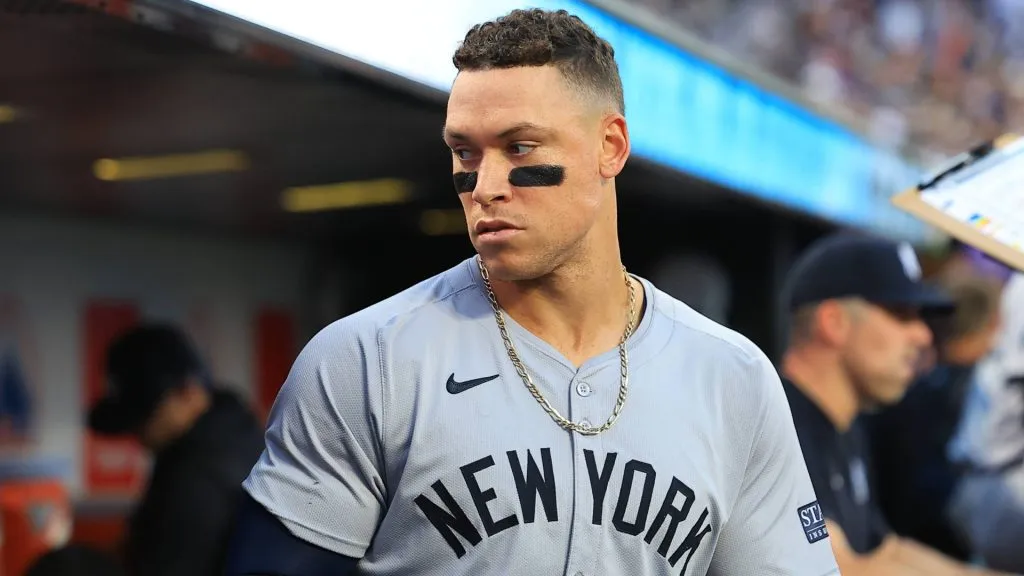 Aaron Judge 99 of the New York Yankees is watching from the dugout during the third inning of the baseball game against the New York Mets. IMAGO /&nbsp;NurPhoto.
