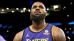 LeBron James 23 of the Los Angeles Lakers looks prior to a NBA game