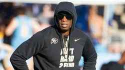 Colorado head coach Deion Coach Prime Sanders watches during a warm up before an NCAA, College League, USA college football game between the UCLA and the Colorado