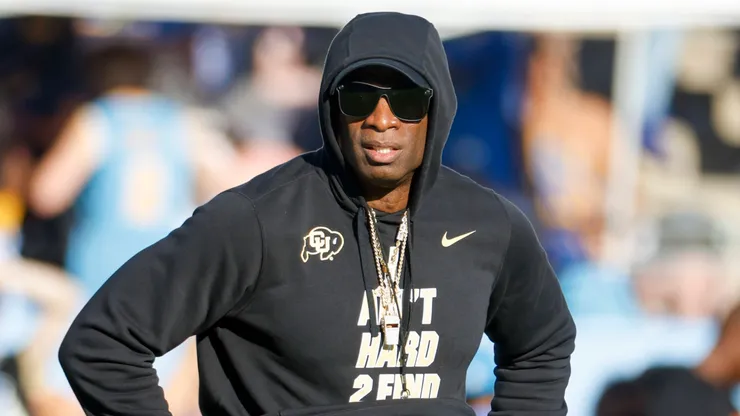 Colorado head coach Deion Coach Prime Sanders watches during a warm up before an NCAA, College League, USA college football game between the UCLA and the Colorado