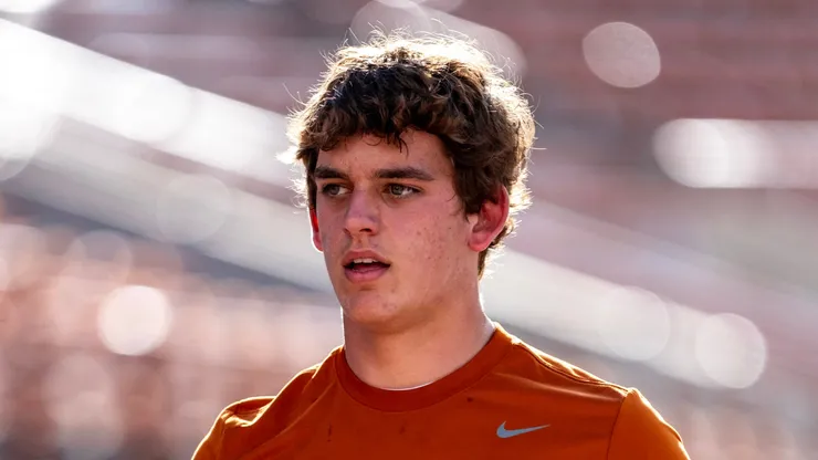 Arch Manning 16 of the Texas Longhorns warming up before the game vs the Wyoming Cowboys at DKR-Memorial Stadium.
