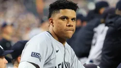 Juan Soto 22 of the New York Yankees is watching the action from the dugout during the sixth inning of the baseball game against the New York Mets.