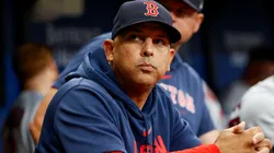 Boston Red Sox manager Alex Cora (13) looks on from the dugout in the ninth inning against the Tampa Bay Rays at Tropicana Field in St. Petersburg.