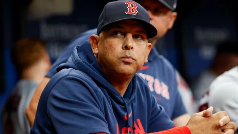 Boston Red Sox manager Alex Cora (13) looks on from the dugout in the ninth inning against the Tampa Bay Rays at Tropicana Field in St. Petersburg.