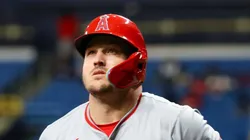 Los Angeles Angels outfielder Mike Trout 27 strikes out during the first inning of the game between the Tampa Bay Rays and the Los Angeles Angels on Monday, April 15, 2024, at Tropicana Field in St. Petersburg. St.