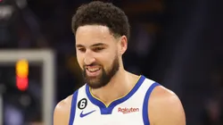 Klay Thompson #11 of the Golden State Warriors looks on against the Los Angeles Lakers