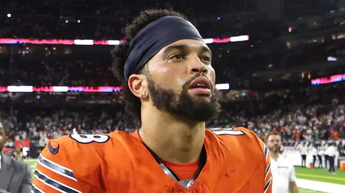 Caleb Williams #18 of the Chicago Bears walks off the field after being defeated by Houston Texans 19-1 at NRG Stadium on September 15, 2024 in Houston, Texas.