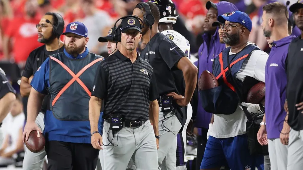 KANSAS CITY, MISSOURI – SEPTEMBER 05: Head coach John Harbaugh of the Baltimore Ravens looks on during the NFL game against the Kansas City Chiefs at GEHA Field at Arrowhead Stadium on September 05, 2024 in Kansas City, Missouri. The Chiefs defeated the Ravens 27-20.  (Photo by Christian Petersen/Getty Images)