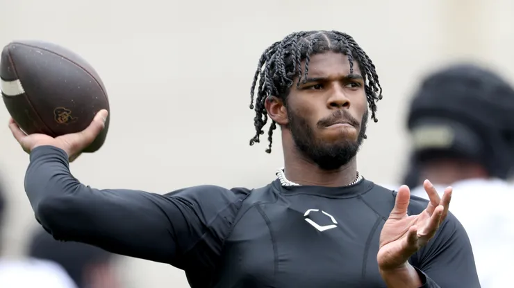Quarterback Shedeur Sanders #2 of the Colorado Buffaloes warms up prior to their spring game at Folsom Field on April 22, 2023 in Boulder, Colorado.