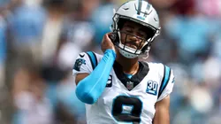 Quarterback Bryce Young #9 of the Carolina Panthers reacts during the second half of the game against the Los Angeles Chargers at Bank of America Stadium on September 15, 2024 in Charlotte, North Carolina.