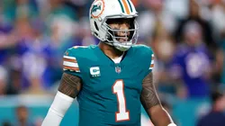 Tua Tagovailoa #1 of the Miami Dolphins reacts against the Buffalo Bills during the third quarter in the game at Hard Rock Stadium on September 12, 2024 in Miami Gardens, Florida.