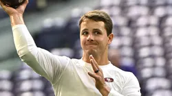 Quarterback Brock Purdy #13 of the San Francisco 49ers warms up prior to a game against the Minnesota Vikings at U.S. Bank Stadium on September 15, 2024 in Minneapolis, Minnesota.