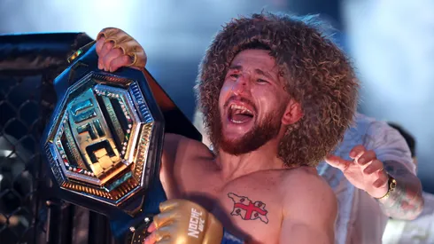 Merab Dvalishvili of Georgia poses with the bantamweight title belt after defeating Sean O’Malley of the United States during UFC 306: Riyadh Season Noche at Sphere on September 14, 2024 in Las Vegas, Nevada.