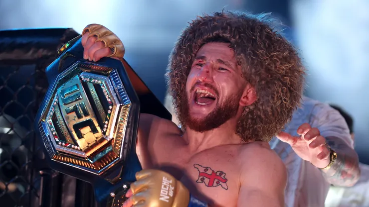 Merab Dvalishvili of Georgia poses with the bantamweight title belt after defeating Sean O’Malley of the United States during UFC 306: Riyadh Season Noche at Sphere on September 14, 2024 in Las Vegas, Nevada.