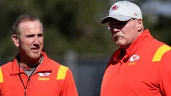Defensive coordinator Steve Spagnuolo talks with head coach Andy Reid in a practice session prior to Super Bowl LVII at Arizona State University Practice Facility on February 09, 2023 in Tempe, Arizona. The Kansas City Chiefs play the Philadelphia Eagles in Super Bowl LVII on February 12, 2023 at State Farm Stadium.