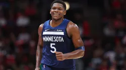 Anthony Edwards #5 of the Minnesota Timberwolves reacts against the Chicago Bulls