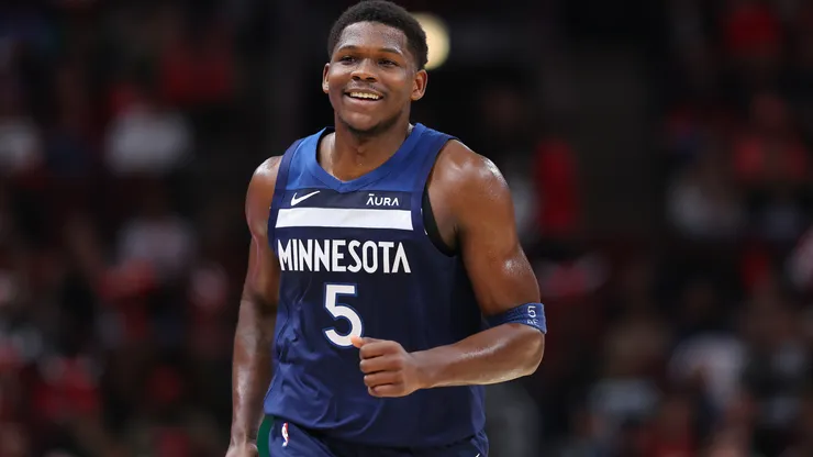 Anthony Edwards #5 of the Minnesota Timberwolves reacts against the Chicago Bulls