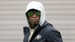 Head coach Deion Sanders of the Colorado Buffaloes watches as his team warms-up prior to their spring game at Folsom Field on April 27, 2024 in Boulder, Colorado.