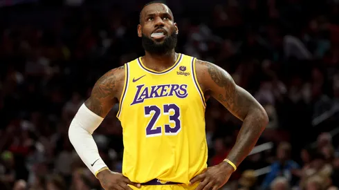 LeBron James #23 of the Los Angeles Lakers looks on during the first quarter against the Portland Trail Blazers