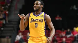 Bronny James Jr. #9 of the Los Angeles Lakers reacts to scoring on the Cleveland Cavaliers in the first half of a 2024 NBA Summer League game