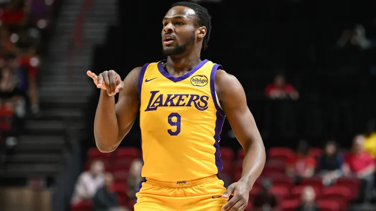 Bronny James Jr. #9 of the Los Angeles Lakers reacts to scoring on the Cleveland Cavaliers in the first half of a 2024 NBA Summer League game