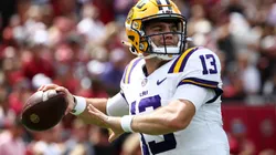 Garrett Nussmeier #13 of the LSU Tigers throws the ball against the South Carolina Gamecocks during the first quarter at Williams-Brice Stadium on September 14, 2024 in Columbia, South Carolina.