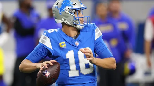 Jared Goff #16 of the Detroit Lions looks to pass against the Los Angeles Rams at Ford Field on September 08, 2024 in Detroit, Michigan.
