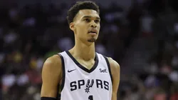 Victor Wembanyama #1 of the San Antonio Spurs attempts a free throw during the first quarter against the Charlotte Hornets
