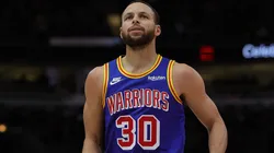Stephen Curry #30 of the Golden State Warriors walks backcourt during a game against the Chicago Bulls at United Center on January 14, 2022 in Chicago, Illinois.
