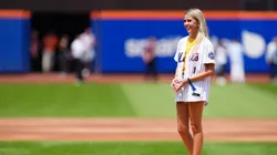 Haliey Welch throws out the first pitch during the game between the Oakland Athletics and the New York Mets at Citi Field on Thursday, August 15, 2024 in New York, New York. (Photo by Mary DeCicco/MLB Photos via Getty Images)