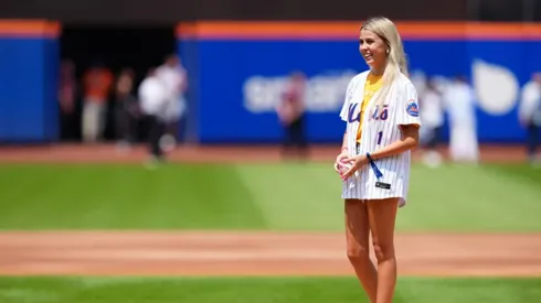 Haliey Welch throws out the first pitch during the game between the Oakland Athletics and the New York Mets at Citi Field on Thursday, August 15, 2024 in New York, New York. (Photo by Mary DeCicco/MLB Photos via Getty Images)