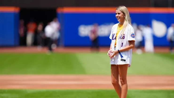 Haliey Welch throws out the first pitch during the game between the Oakland Athletics and the New York Mets at Citi Field on Thursday, August 15, 2024 in New York, New York. (Photo by Mary DeCicco/MLB Photos via Getty Images)