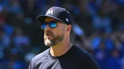 Manager Rocco Baldelli #5 of the Minnesota Twins returns to the dugout after removing Trevor Richards #32 during the third inning of a game against the Chicago Cubs at Wrigley Field on August 07, 2024 in Chicago, Illinois. The Cubs defeated the Twins 8-2.