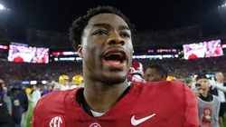 Jalen Milroe #4 of the Alabama Crimson Tide reacts after their 42-28 win over the LSU Tigers at Bryant-Denny Stadium on November 04, 2023 in Tuscaloosa, Alabama.
