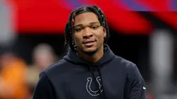 Anthony Richardson #5 of the Indianapolis Colts looks on prior to the game against the Atlanta Falcons at Mercedes-Benz Stadium on December 24, 2023 in Atlanta, Georgia.