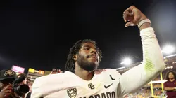 Quarterback Shedeur Sanders #2 of the Colorado Buffaloes celebrates as he walks off the field following the NCAAF game against the Arizona State Sun Devils at Mountain America Stadium on October 07, 2023 in Tempe, Arizona. The Buffaloes defeated the Sun Devils 27-24.
