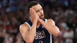 Stephen Curry #4 of Team United States reacts after a three point basket during the Men's Gold Medal game between Team France and Team United States on day fifteen of the Olympic Games Paris 2024 at Bercy Arena on August 10, 2024 in Paris, France.