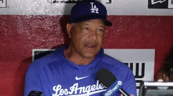 Manager Dave Roberts #30 of the Los Angeles Dodgers speaks with the media before the MLB game against the Arizona Diamondbacks at Chase Field.