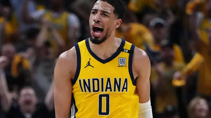 Tyrese Haliburton #0 of the Indiana Pacers reacts after a three point basket against the New York Knicks in Game Four of the Eastern Conference Second Round Playoffs at Gainbridge Fieldhouse on May 12, 2024 in Indianapolis, Indiana.