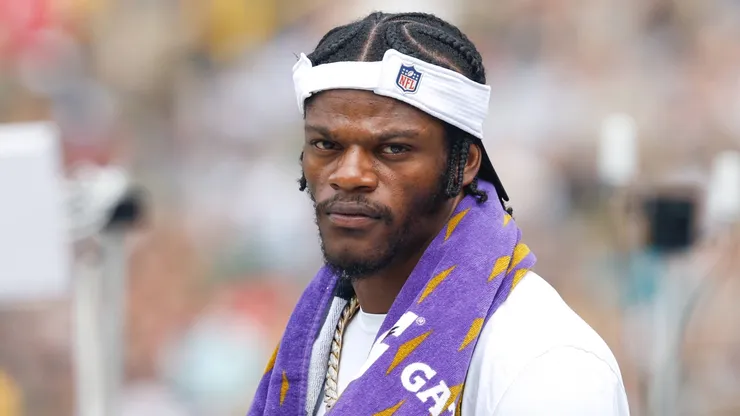Baltimore Ravens quarterback Lamar Jackson (8) during the NFL, American Football Herren, USA preseason football game between the Baltimore Ravens and the Green Bay Packers at Lambeau Field in Green Bay, Wisconsin.